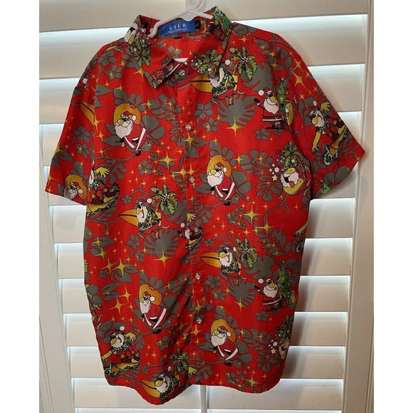 SSLR Boys Hawaiian Christmas Santa Surf Red Shirt Button Down Short Sleeve Large - Picture 1 of 7